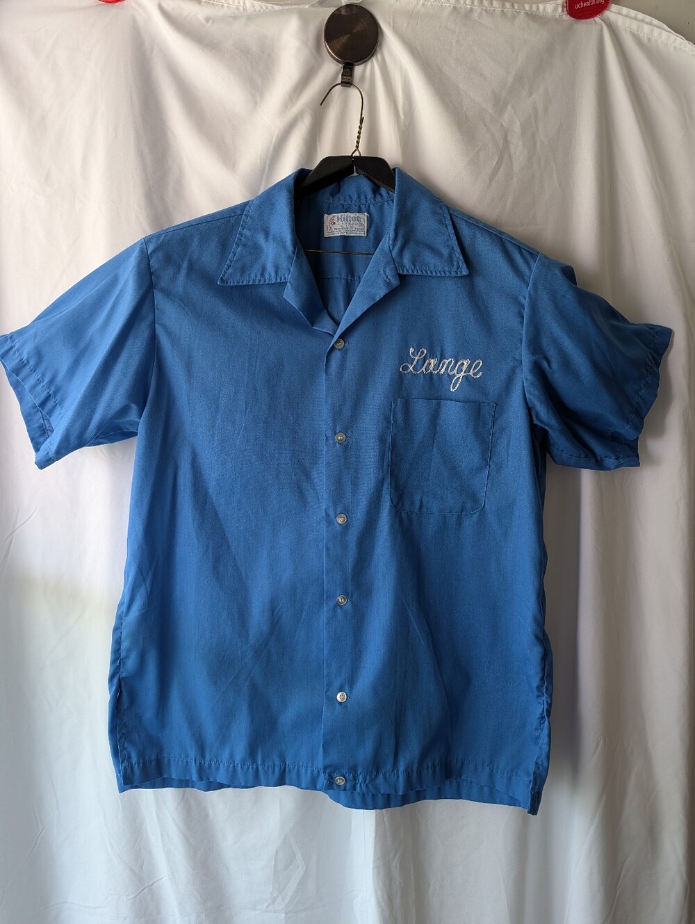 VTG Hilton Shirt Mens large 16-161/2 Blue Button Up Denver CO bar CHAINSTITCHING